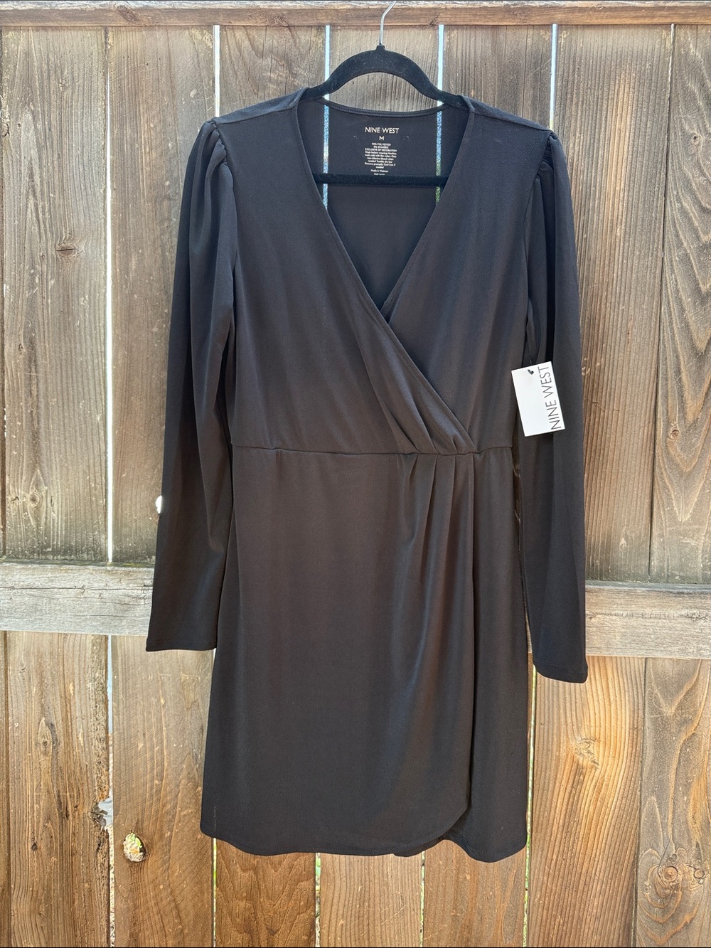 Nine West Black Long-Sleeve Faux-Wrap Dress